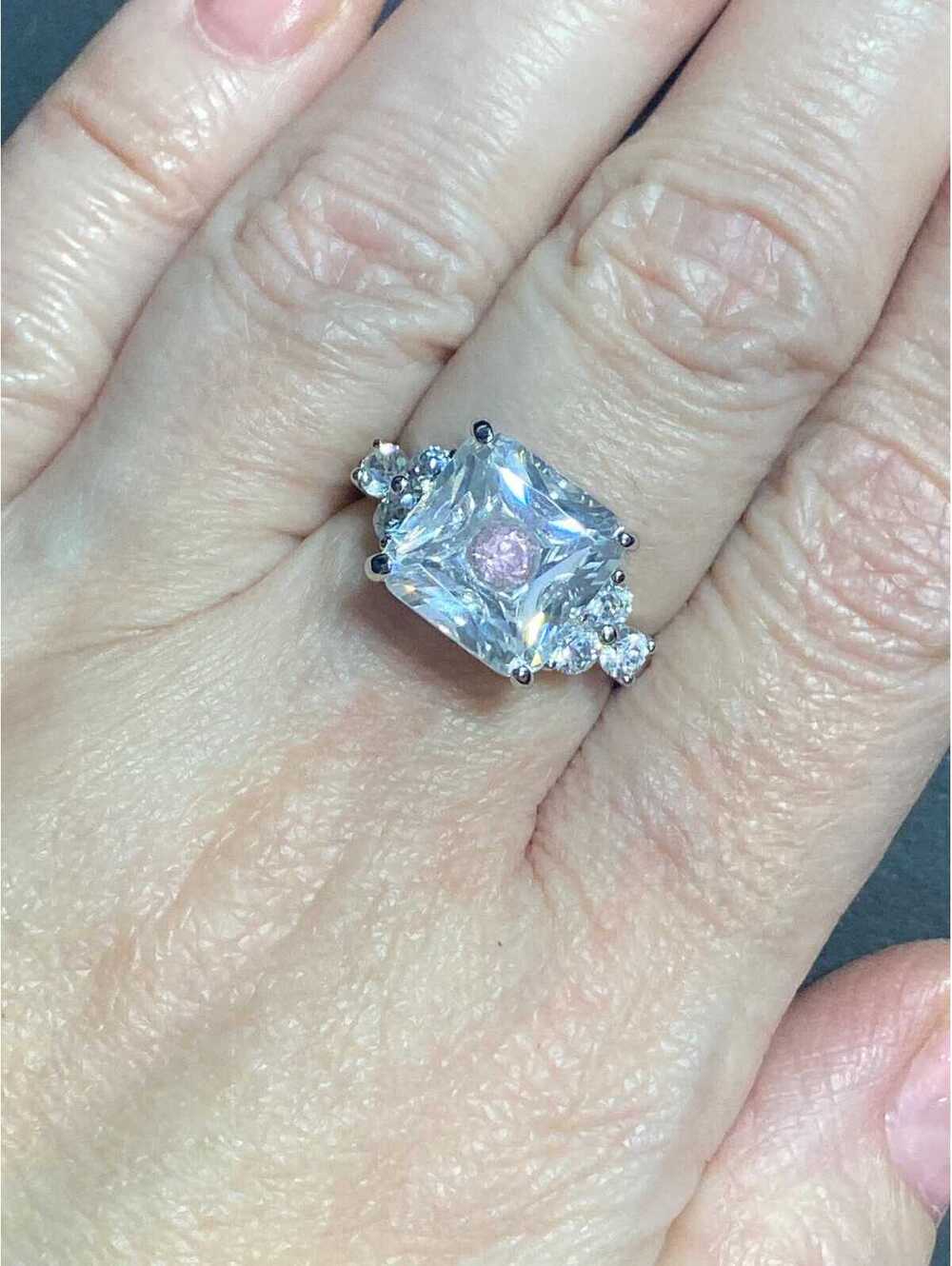 Sterling Silver CZ Center Stone with Pink Stone Ring Size 7 1/4. Marked 925.